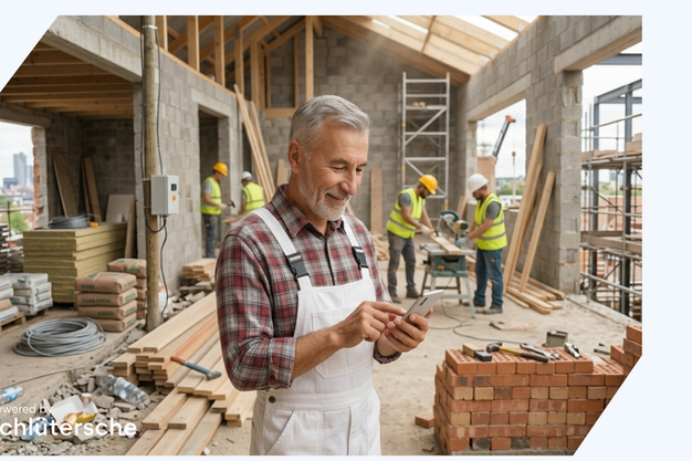 Handwerker auf der Baustelle am Handy, überprüft seine Website